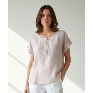 Ellen Tracy 100% Linen Top Womens Sz XL Light Pink Shirt Gold Zipper Buiz Work